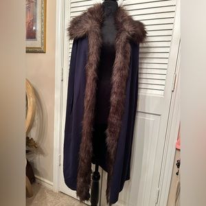 Navy Blue Vest/Cape with Brown Faux Fur - M